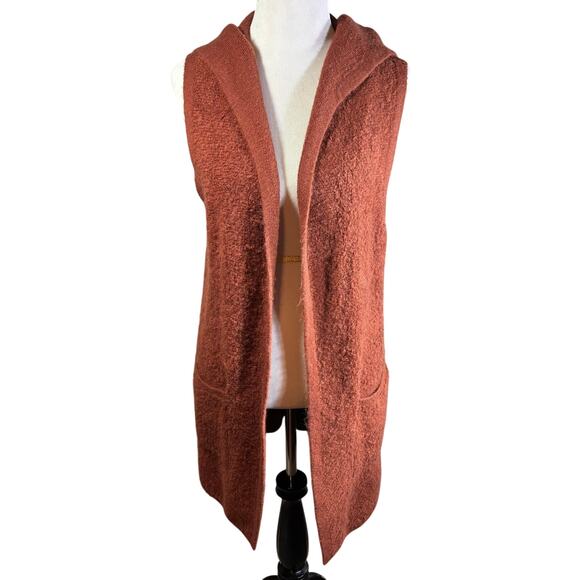 Rachel & Zoe Sz Medium Wool Blend Orange Sweater Vest Open Front Hood Fuzzy - Picture 1 of 7